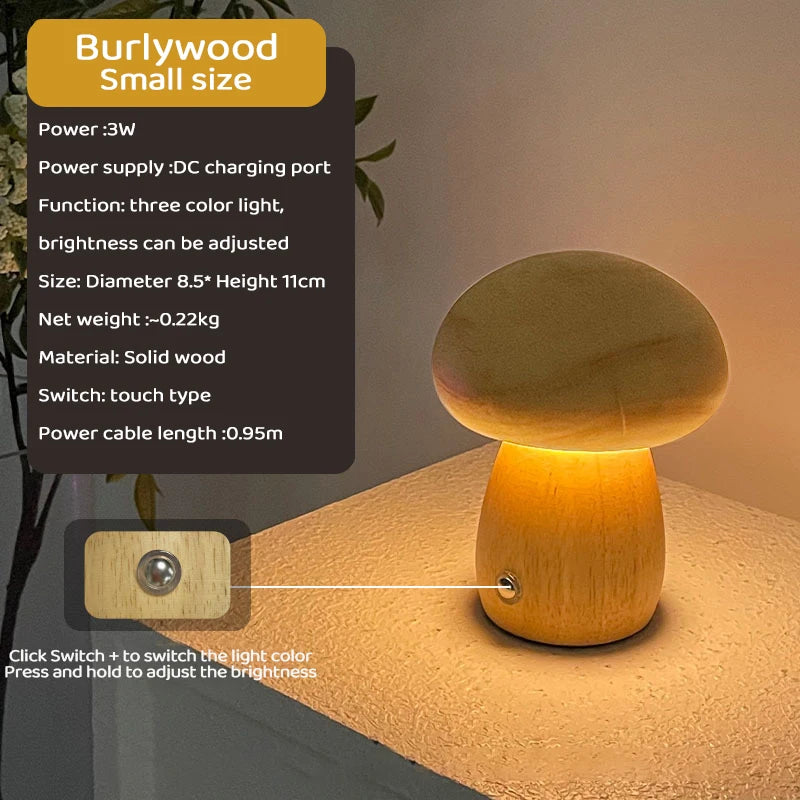 Mushroom Wooden Night Light Rechargeable