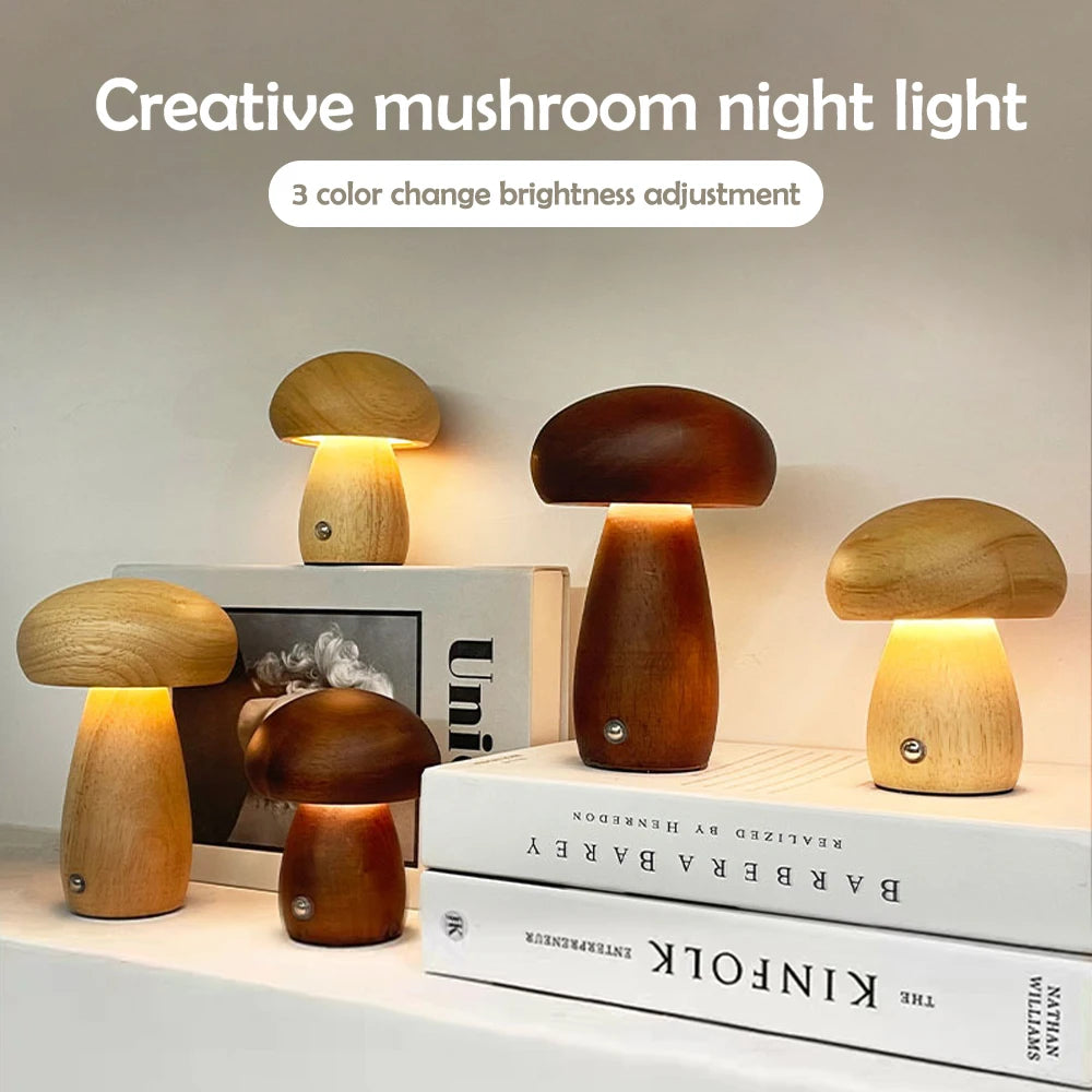 Mushroom Wooden Night Light Rechargeable